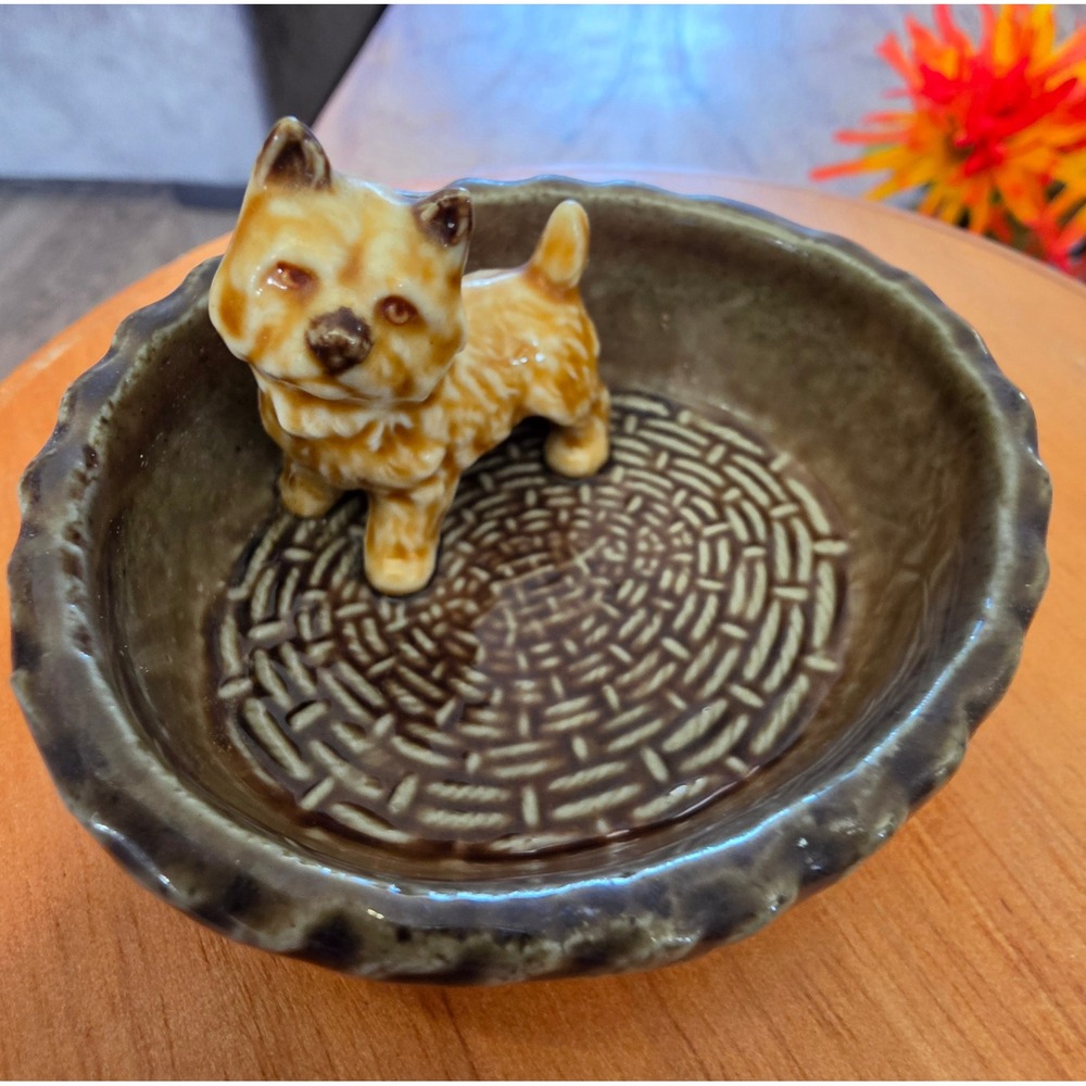 Vintage Wade England Ceramic Terrier Dog in Basket Trinket Dish